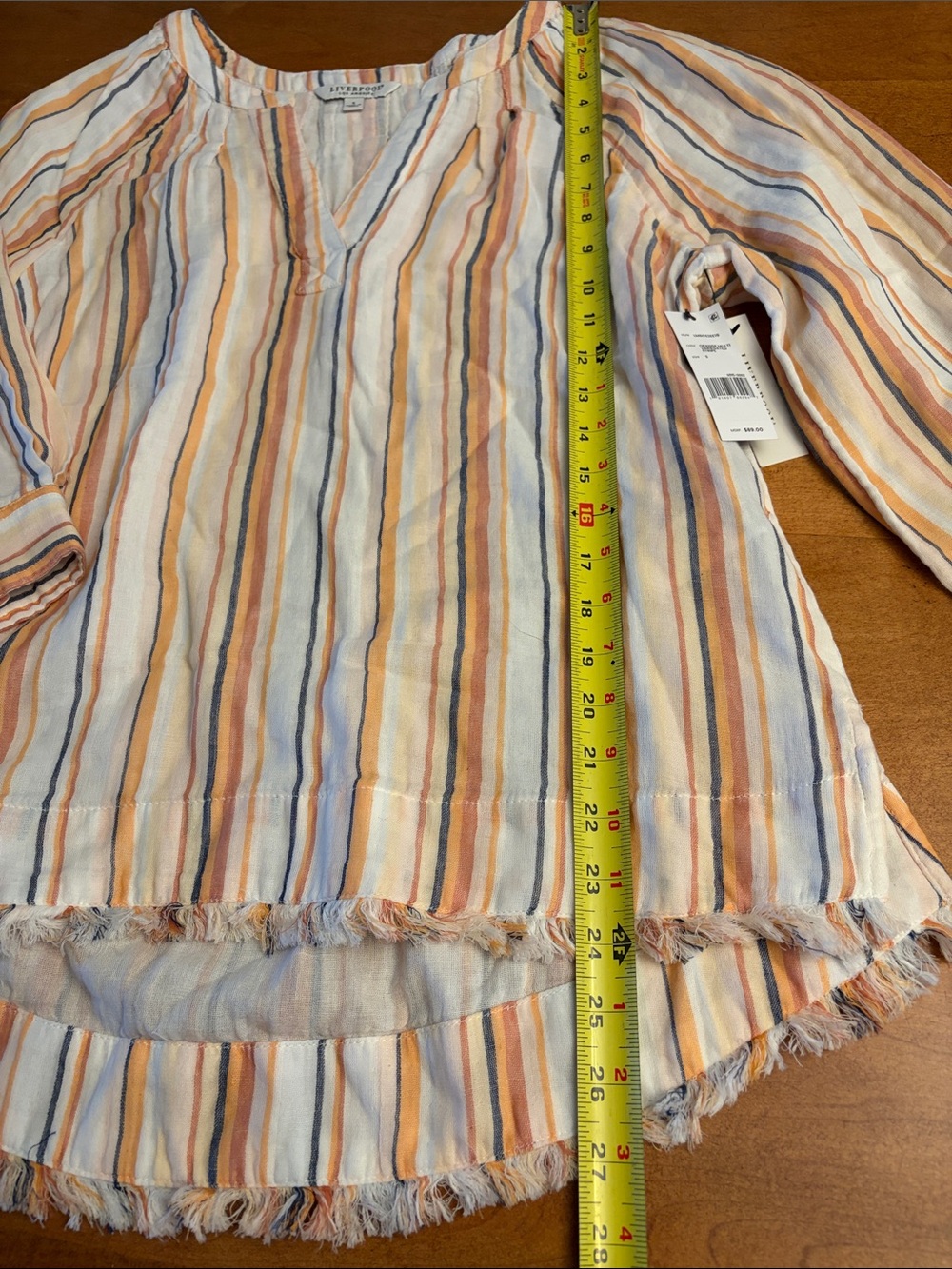 Liverpool Striped V-Neck Frayed-Hem Tunic in Peach, Blue & Cream - Picture 4 of 11